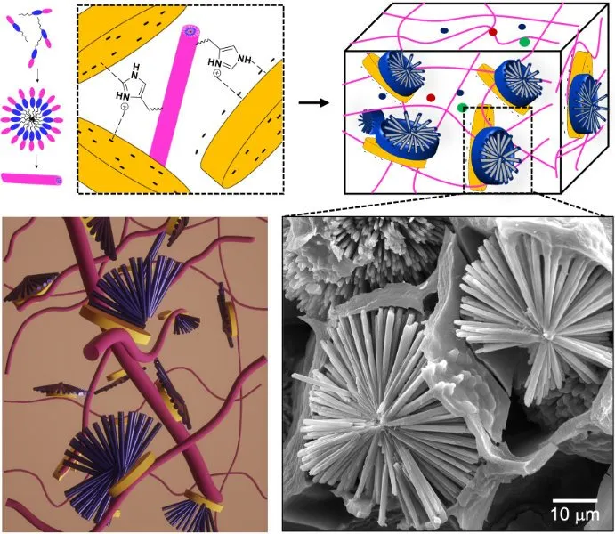 Illustration for: De novo design of functional co-assembling organic-inorganic hydrogels for hierarchical mineralization and neovascularization